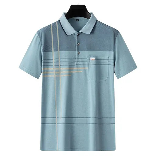 Men Summer Cotton Polo Shirt Loose Breathable B005 Light Blue XL