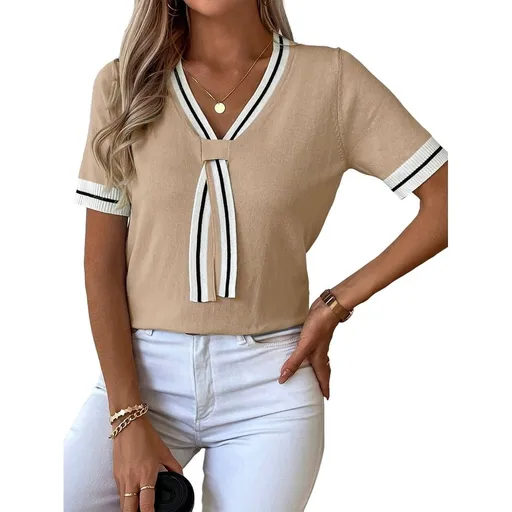 Women's knitted top, summer chic V-neck short sleeved sweater shirt, daily wear, blue M