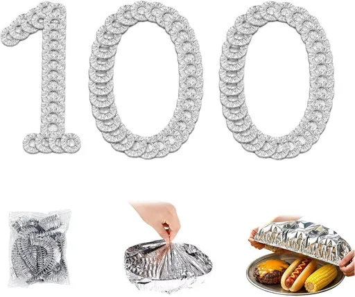 100 Pcs Reusable Aluminum Foil Food Covers, Stretchable Elastic Sleeves for Bowls and Dishes for Home Kitchen Restaurant Picnic, Silver