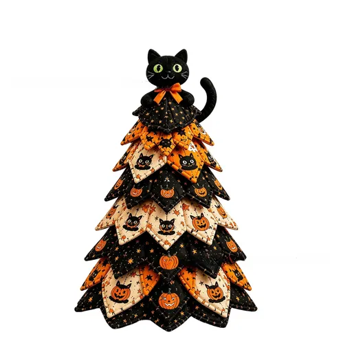 Black Cat Themed DIY Fabric Quilted Christmas Tree Kit for Handmade Layered Festive Tabletop Tree, Halloween / Christmas Home Decor and Holiday Craft Gift