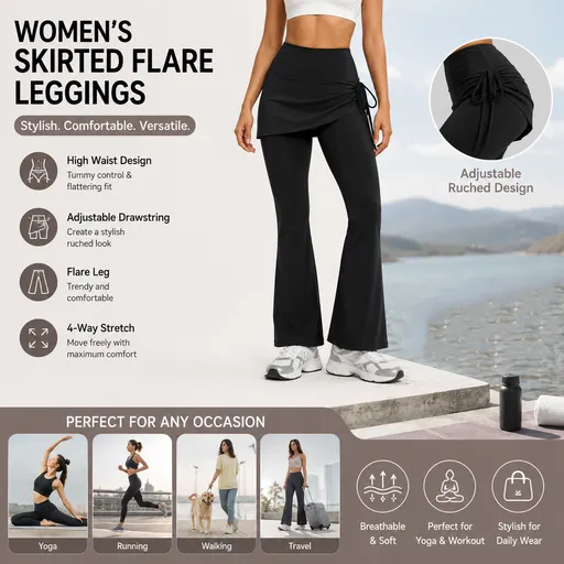 Women's High Waist Skirted Flare Yoga Pants with Adjustable Ruched Drawstring (S size)- Black Faux Two Piece Bootcut Leggings for Pilates, Gym Workout, Running, Dance and Everyday Wear