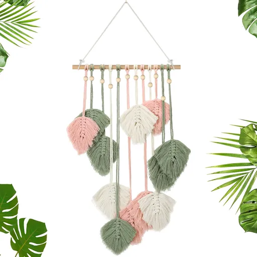 Large Macrame Wall Hanging Leaves Boho Green Leaf Macrame Tapestry Decor Leaf Feather Woven Hanging Wall Art Bohemian Decoration for Bedroom Living Room Nursery 16.5 x 35.4 Inch(Pink)