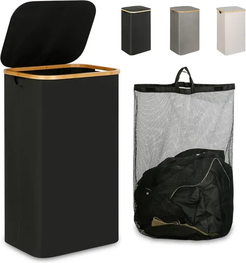 Laundry Hamper with Lid - Waterproof Freestanding Laundry Basket with Removable Liner Bag, Collapsible 110L Large Clothes Storage Laundry Bin with Easy Carry Bamboo Handle for Clothes Toys Organizer