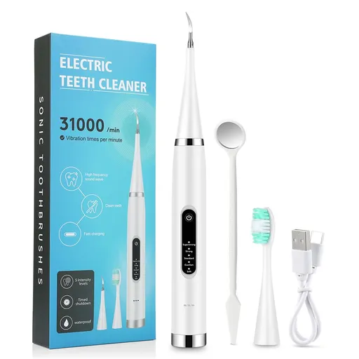 2-in-1 White Rechargeable Electric Teeth Cleaner & Plaque Remover - Home Waterproof 5-Mode Adjustable 31000 VPM Dental Scaler Kit for Tartar and Calculus Removal