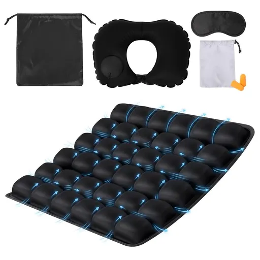 Inflatable Seat Cushion for Long Sitting Ergonomic Inflatable Airplane Seat Cushion Kit with Earplugs,Eye Mask,Inflatable Pillow and Storage Bag for Office Car Wheelchair