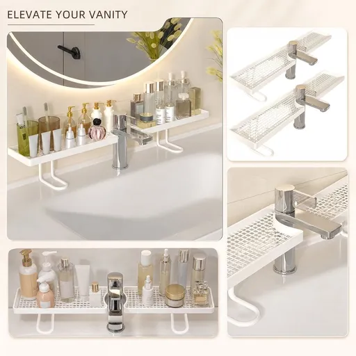 Faucet Bathroom Storage Rack and Vanity Organizer, No-Drill Double-Sided Shelf for Sink Faucet, Multifunctional Toiletry Caddy for Bathroom Mirror Area, Durable Material.