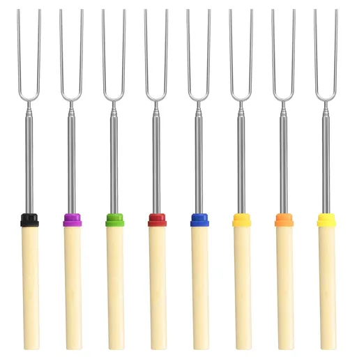 8 Pack Marshmallow Roasting Sticks Set, Extendable 32in Long Metal Barbecue Skewers with Wooden Handle