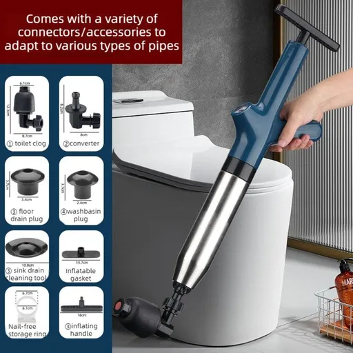 High-Pressure Air Pipe Dredger, Stainless Steel Toilet Plunger, Household Cleaner for Sinks, Floor Drains, and Toilets—Blue