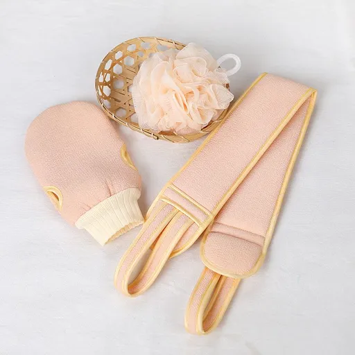 Pink 3-Piece Exfoliating Bath Set with Long-Handle Back Scrubber, Exfoliating Glove & Loofah Sponge for Deep Cleansing