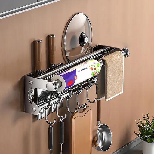 Kitchen Organization and Storage Rack, Wall Mounted Pots and Pans Rack, Stainless Steel Metal Wall Shelf with Hooks for Hanging Pots and Pans for Kitchen Bathroom Bedroom Pantry 30 * 9 * 9cm/11.81 * 3.54 * 3.54inch A