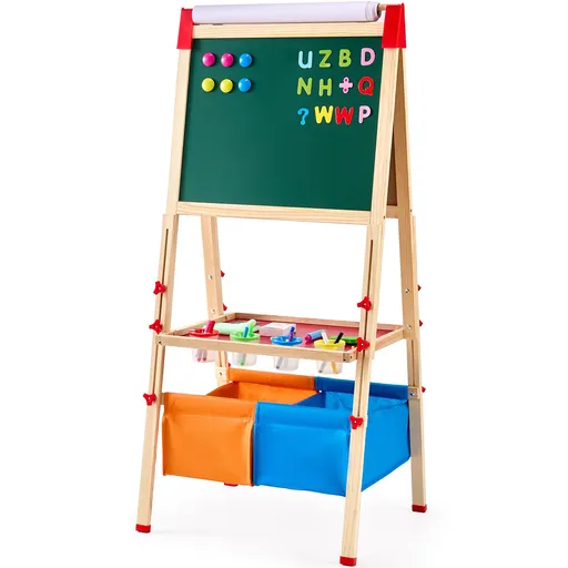 Art Easel for Kids, 3-in-1 Wooden Double-Sided Kid's Art Easel with Magnetic Whiteboard, Chalkboard, Paper Roll, Adjustable Standing Drawing Board with Painting Accessories, Storage for Boy Girl