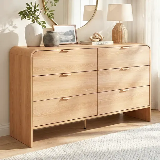Chest of Drawers 6 Storage Drawers Modern Design Pine Wood Finish Golden Metal Handles