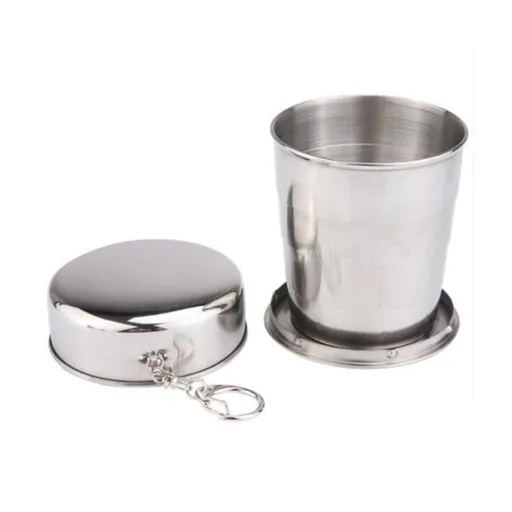 School SuppliesMobile Telescopic Foldable Stainless Steel Cup (6.5Cm), Stainless Steel Camping Folding Cup with Keychain Traveling Outdoor Hiking Portable Cup Silver
