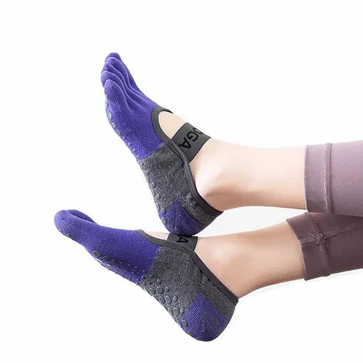 A pair Of Women's Non-Slip Five Toe Yoga Socks with Grips, Premium Combed Cotton Socks for Pilates, Barre, Ballet, Fitness - Purple