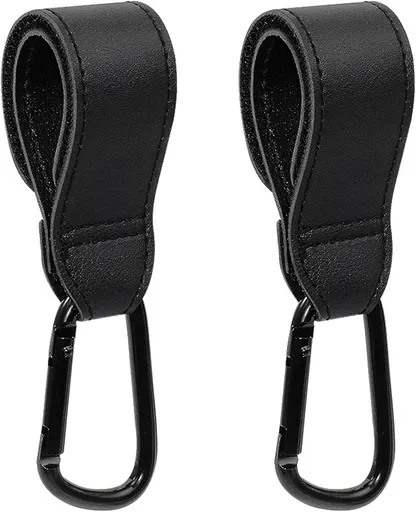 Baby Stroller Hooks, 2 PCS Leather Heavy Duty Mommy Hook with Adjustable Strap for Hanging Diaper Bag, Stroller Organizer, Groceries on Buggy Pushchair (Black)