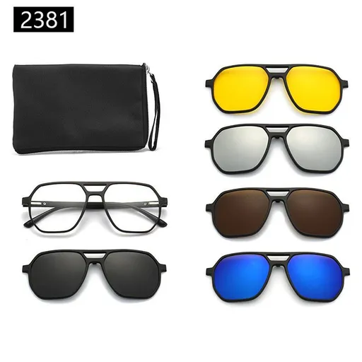 7-in-1 Magnetic Clip-On Sunglasses Set with Flexible Frame and Leather Bag - Unisex Double Bridge Aviator Eyeglasses and 5 Pairs of Polarized / Night Vision Lenses (2381 Style)
