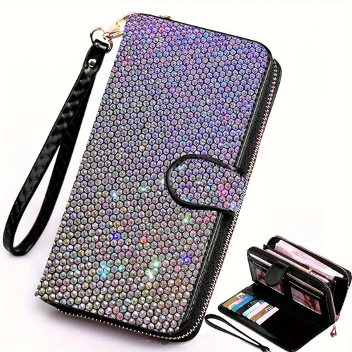 rhinestone card holder, checkbook clutch, rhinestone clutch, multiple card slots, sparkling accessory, glamorous wallet, crystal card case, protective cover, women's clutch, jewellery clutch - Multi - Size L