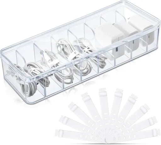 1 Pcs Cable Organizer Box with Wire Ties, Plastic Cord Storage Box with Lid, Electronics Organizer for Home Office Desk Organizers and Accessories (Clear)