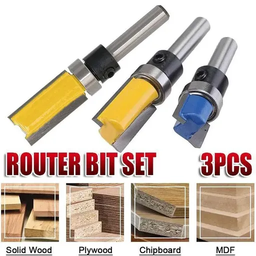 3PCS 1/4inch Shank Flute Flush Trim Router Bit Set Top Bearing Milling Cutter Kit
