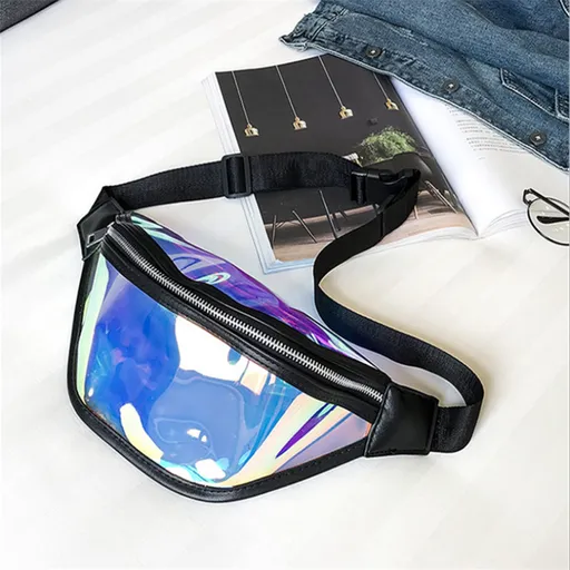 Waist Bag Holographic Clear Design Water-Resistant Adjustable Strap Black Transparent