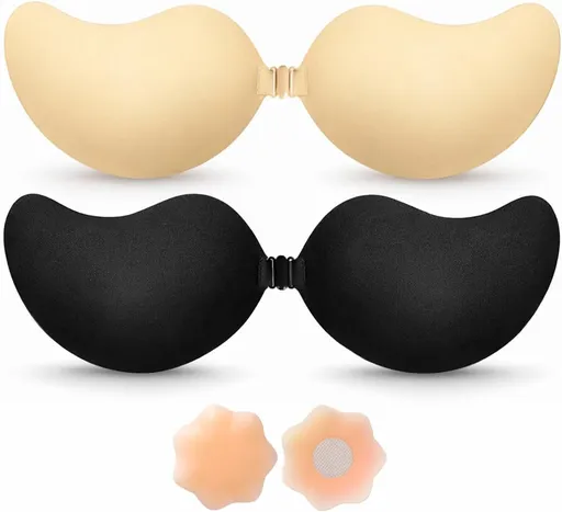 Sticky Bra Push Up – Backless, 2 Pair Invisible Adhesive Strapless Bra with Clip - A-D Cup