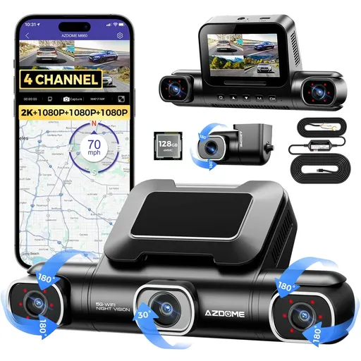 4 Channel 4K Dash Cam with 5G WiFi, GPS, 128GB eMMC, and Hardwire Kit
