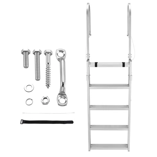 Retractable Dock Ladder, 5 Steps, Aluminum Alloy Pontoon Boat Swim Ladder, with Non-Slip Wide Steps, 159 kg Weight Capacity, Adjustable Height, for Lake Swimming, Pool, Boat, Marine Boarding