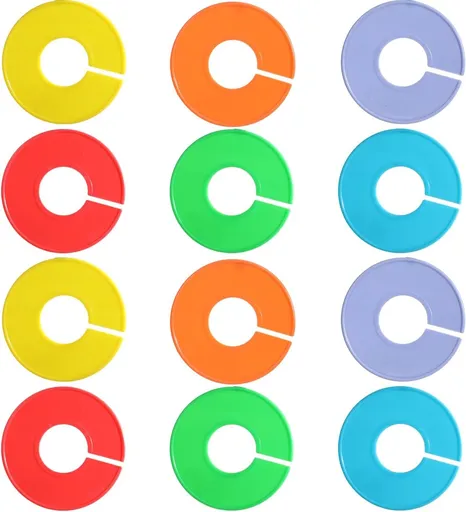 12 pieces - wardrobe dividers for hanging clothes - Clothes rack size dividers - Clothing size dividers - Clothes rack dividers size rings - for clothes racks - for sorting clothing sizes - inner diameter 3.5 cm - 9*9 cm - 6 colors
