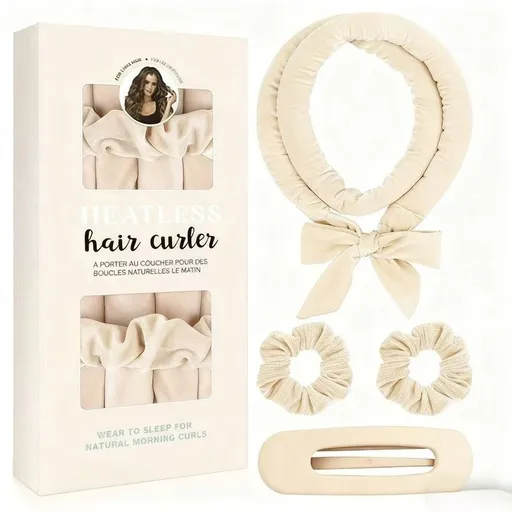 Velvet Heatless Hair Curlers Set, Overnight No-Heat Curling Ribbon with Scrunchies & Hair Clip - Beige
