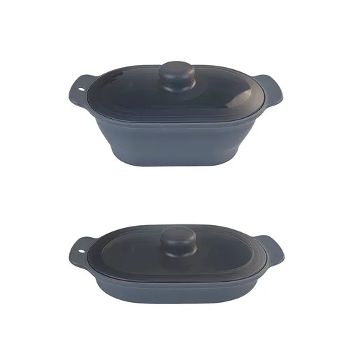 Foldable Food-Grade Silicone Steamer Pot with Lid and Steamer Rack – Space-Saving Collapsible Cookware for Microwave, Freezer, Camping, and Outdoor Meals, Effortless Storage and Versatile Kitchen Companion (Rectangular Style, Grey)