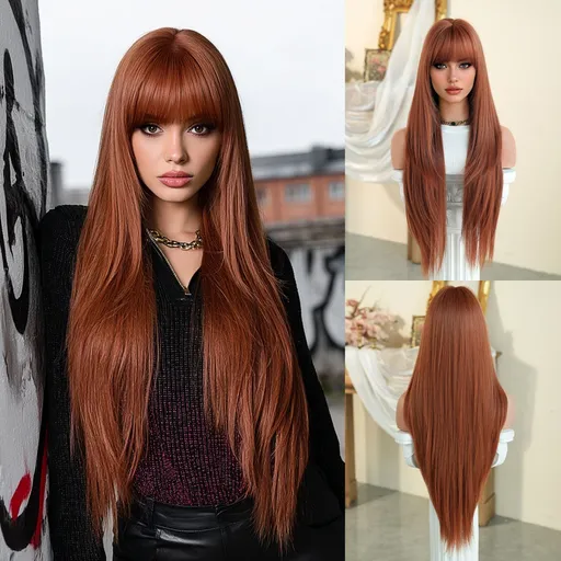 High-Density Synthetic Wig Heat-Resistant Wig Tea-Colored Wig Long Straight Wig - Maple - leaf Orange - Size 85cm-33inch