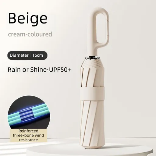 Beige Heavy Duty Fully Automatic Carabiner Umbrella with Integrated Hook Handle (Diameter 116CM) - Ultra Windproof and UV Protective Sun & Rain Umbrella