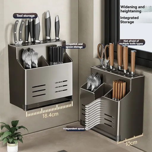 Knife Storage Rack No-Drill Design with Cutlery Drainer Countertop or Wall-Mounted Dark Grey