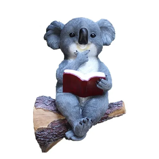 Sitting Koala Tree Hugger with Solar LED Light, Koala Reading Book Garden Statue, Resin Animal Figurine Outdoor Decor