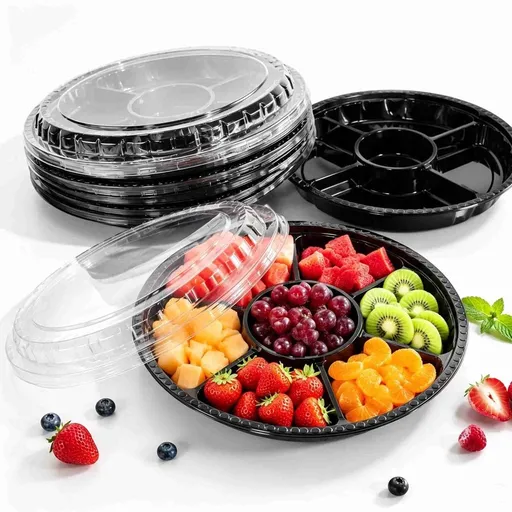10 Pcs Round Appetizer Serving Tray with Lids, Disposable Food Storage Containers, Fruit Plastic Trays for Party and Buffet