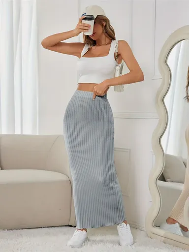 Ribbed Maxi Skirt Women'S Maxi Skirt Black Maxi Skirt Beige Maxi Skirt Trendy - Light Gray - Size M