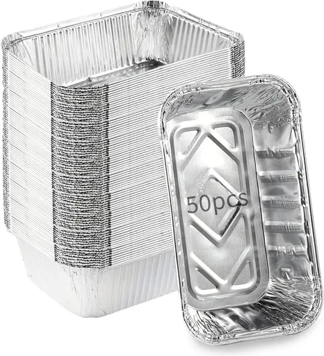 Aluminum Pans Drip Pans (50 Pack, 8"×3.7"), Disposable Tin Foil Pans Foil Food Containers, Grease Drip Pan Liners Grill Grease Tray for Baking, Cooking, Heating, Food Prepping, Freezer, Takeout