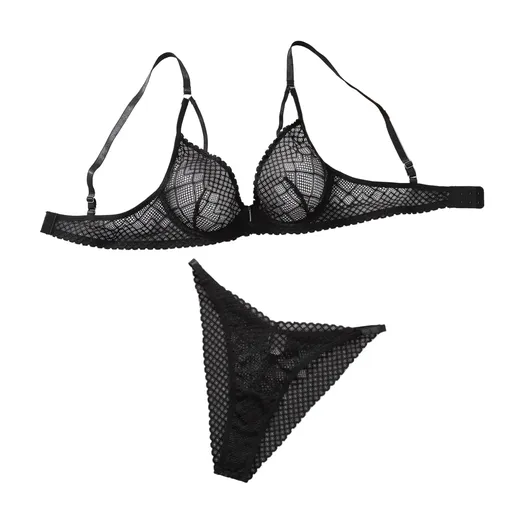 House Of Dasein Low Cut Gathered Bra Set Sexy Mesh Hollow Out Lingerie Two Piece For Women - Black - M