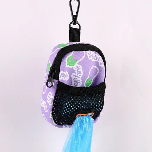 Stylish Printed Dog Walk Pouch, Pet Waste Bag Dispenser with Bone-Shaped Outlet, Mini Backpack Design with Hooks and Straps for Leashes, Keys, and Small Essentials (Purple)