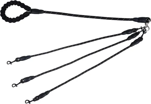 Black 3-in-1 No-Tangle Dog Leash for 1-3 Small Large Dogs – Heavy Duty 360° Swivel Bungee Coupler with Reflective Nylon Braid & Padded Handle