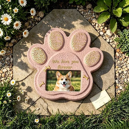 Pet Memorial Headstone for Dog Cat Resin Cement Pet Grave Marker with Photo Frame Paw Print Heart Tombstone Customizable Picture Slot Pet Memorial Plaque for Outdoor Garden Backyard - Pink - Size 15*15cm