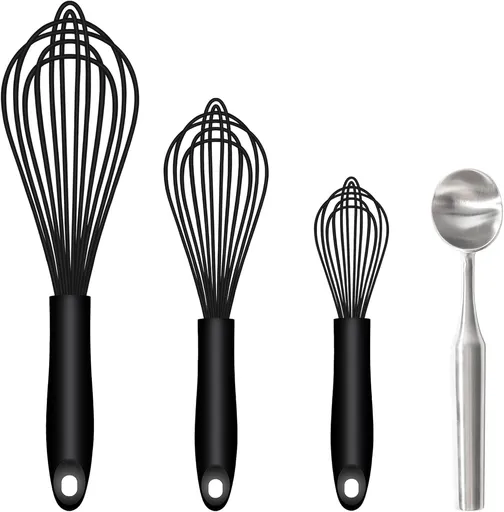 Silicone Whisk & Stainless Steel Ice Cream Scoop Set, Kitchen Essentials for Cooking and Desserts