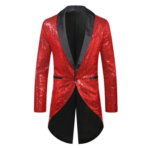 Men Sequin Suit One Button Casual Polyester Red L