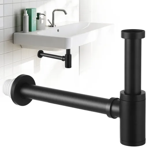 Brass Round Bottle P Trap, Matte Black Decorative Sink Drain Kit, Adjustable Height Bathroom Basin Waste Pipe, Wall Drainage Assembly for Vessel Sinks, Modern Plumbing Accessory