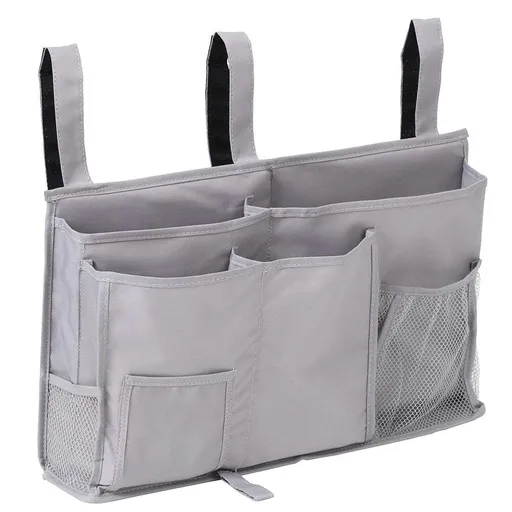 Bedside Caddy, Hanging Storage Bag Holder Beside Organizer with Pockets for Bunk Dorm Rooms and Hospital Bed Rails, Grey
