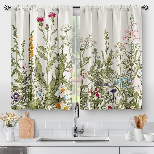 Flowers Floral Kitchen Curtains - Leaves Spring Botanical Small Short Tier Cafe Window Curtains for Bathroom Living RV Room Rod Pocket Window Drapes 36 Inch Length 2 Panels Set 28"x36