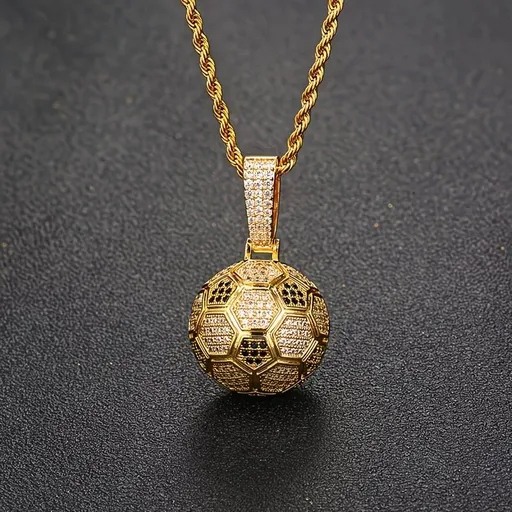 Football Hollow Pendant Necklace, Synthetic Zirconia Setting, Hip Hop Sporty Style, Trendy and Versatile.(golden)