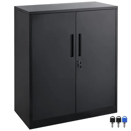 Metal Storage Cabinet w/ 3 Keys 2 Adjustable Shelves & Magnetic Door Black