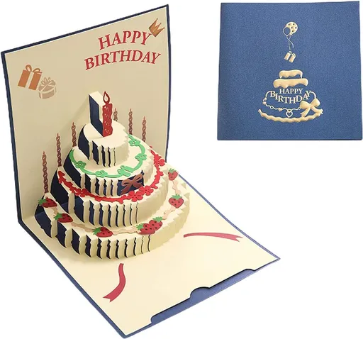 10 pcs Greeting cards - Blue pop-up birthday cake card - 3D birthday card - Pop-up cards - Cake greeting cards - Postcards - Perfect for a friend, wife, husband, or partner - Humorous card - Gift accessories