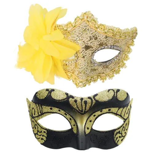 Couple's Venetian Masquerade Mask Set of 2 – Hand-Painted 3D Floral Sequin Masks for Balls, Halloween & Costume Parties。（yellow)